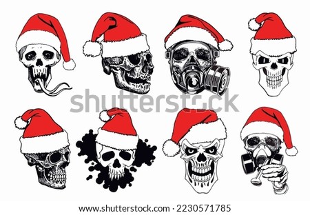 Graphical set human skulls in Santa Claus hat isolated on white background,vector element of Christmas spooky design