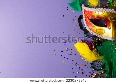Composition of colourful mardi gras beads, confetti and carnival mask, on with copy space. Party, celebration and carnival concept.