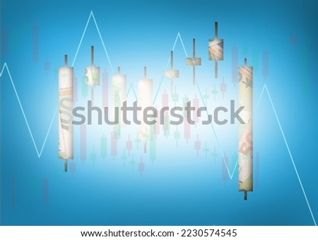 Candle stick graph chart of stock trading market investment with euro banknotes, Financial business concept.Top view.