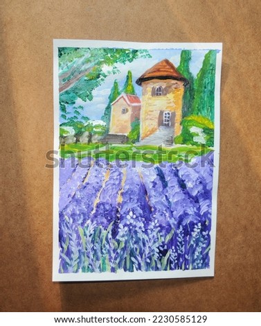 French province. House and lavender field, painted in gouache. French style. Hobby. Creation. Fine art. Creativity and artistic tools concept. Abstract picture.