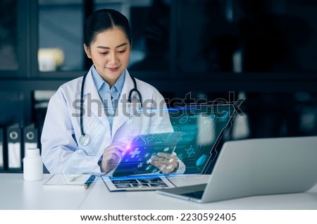 Digital health care innovative virtual science and medicine technology concept, Doctor working with human anatomy virtual interface icons.  