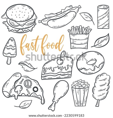 Fast food doodle set. Simple black outline image food. Hand drawn ink collection isolated vector illustration