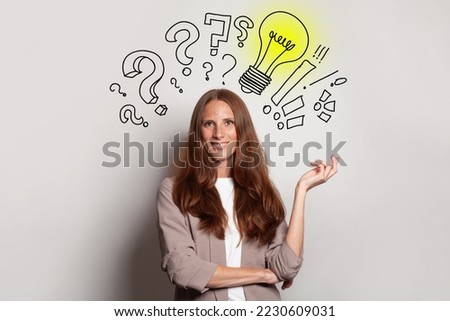 Smiling brunette woman with yellow light bulb, question marks above her head. Idea, brainstorming, business stratgy, thinking concept