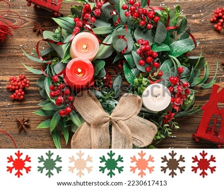 Stylish Christmas wreath with burning candles and decorations on wooden background. Different color patterns