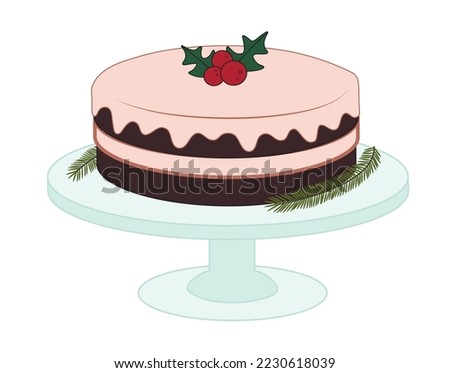 Dessert stand with tasty chocolate Christmas cake on white backg