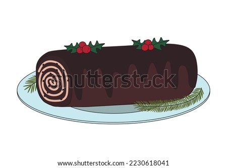 Tasty chocolate Christmas roll cake on white background