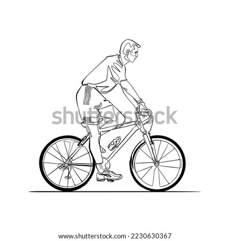Man riding a bike, continuous line vector portrait of cyclist