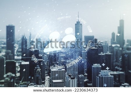Abstract virtual people icons hologram on Chicago cityscape background, life and health insurance concept. Multi exposure