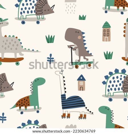 Seamless vector pattern with cute dinosaurs for fabric, typography poster, card, label, brochure, flyer, page, banner design. Vector illustration background Royalty-Free Stock Photo #2230634769