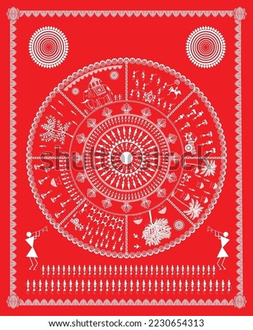 Warli painting showing indian rural economy, celebration, happiness. Art, Vector, illustration, Drawing wall painting Royalty-Free Stock Photo #2230654313