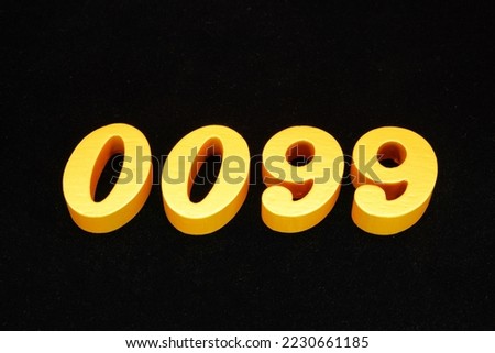  Golden Arabic numerals 0099, 1 cm thick, visible in 3D on a black velvet background.                               