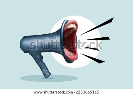 Megaphone with screaming mouth, art collage. Royalty-Free Stock Photo #2230665115