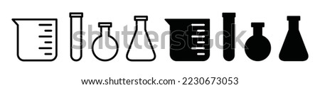 Laboratory beaker icon set. Сhemistry and biology symbol in flat and outline style. Chemical test tube icon. Laboratory glassware or beaker equipment tools. Сhemical experiment in flask vector  Royalty-Free Stock Photo #2230673053