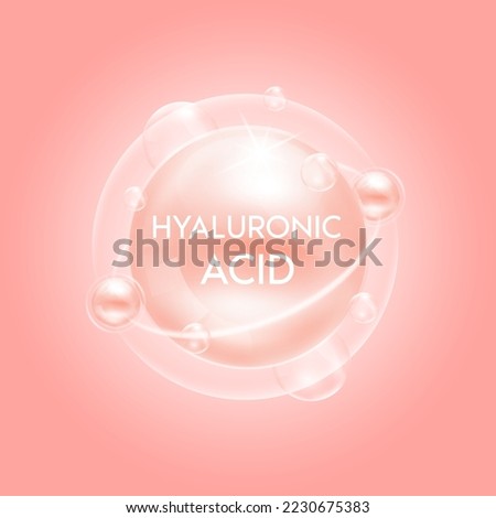 Hyaluronic Acid solution. Collagen vitamins complex cream and bubble oxygen serum chemical formula. Beauty treatment nutrition skincare design. Medical and scientific concepts. 3D Vector EPS10. Royalty-Free Stock Photo #2230675383