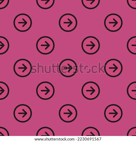 Seamless repeating arrow forward circle outline flat icon pattern, fuchsia rose and dark jungle green color. Design for wrapping paper or postcard.