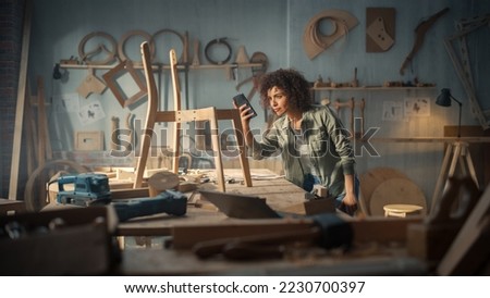 Product Designer Taking a Smartphone Photo of a Wooden Chair Project. Black Creative Female Sending Picture to Her Colleague Online for Feedback and Evaluation.