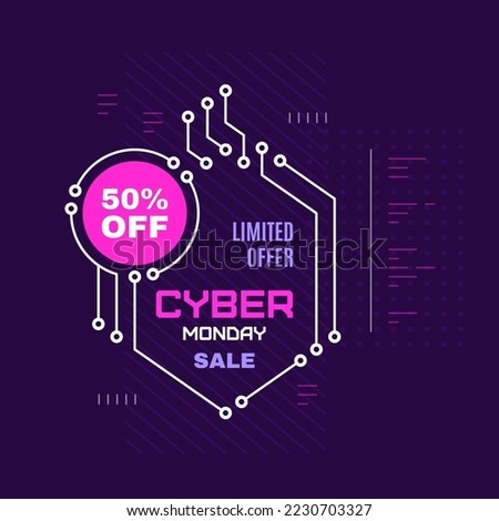 Promotional sale banner template design with printed circuit board pattern. Cyber monday sale