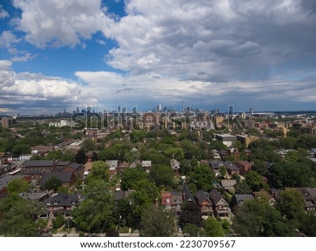 Toronto skyline picture by drone in beginning of fall season.