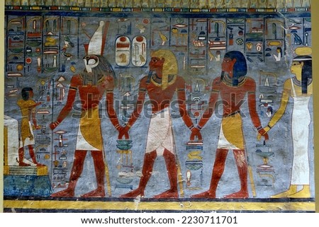 Ancient egyptian paintings in the Valley of the Kings in Luxor in Egypt Royalty-Free Stock Photo #2230711701