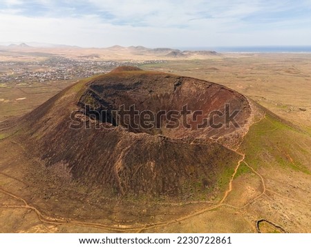 High aspect close up panoramic aerial view of Volcan Calderon Hondo volcano and crater near Lajares in Fuerteventura