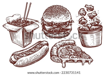 FAST FOOD concept vector. Burger, sandwich, nuggets, pizza, wok noodles, hot dog sketches. Restaurant or diner menu set