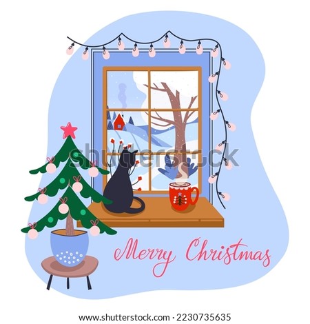 Winter window with view and holidays decorations. Merry Christmas lettering. Greeting card or poster template. Hand drawn vector illustration.
