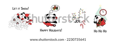 Christmas baby pandas vector illustration isolated on white background. Doodle panda bear characters with snowdrift, laptop, fir tree and bag of gifts. Christmas phrases