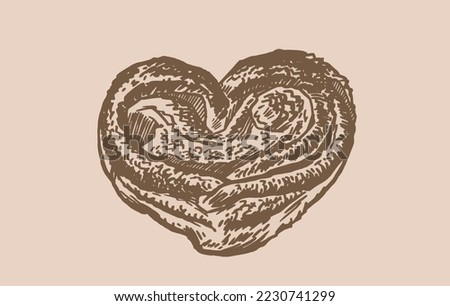 Vector vintage illustration with  bun in shape of heart , bakery and gastronomy element of design