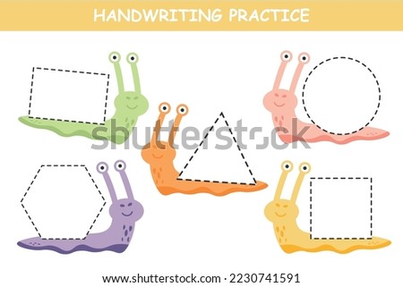 Tracing lines for children with snails. Handwriting practice. Help the snails, draw a line. Color the geometric shapes. Polygon, circle, rectangle, square, triangle. Royalty-Free Stock Photo #2230741591