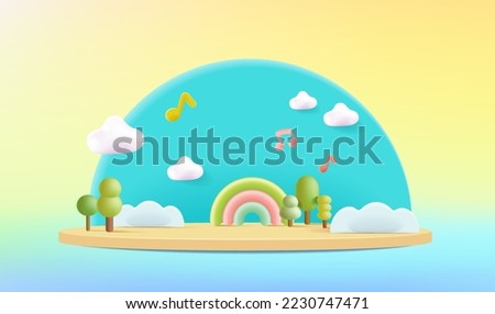 Stage decor with tree shapes. 3d pedestal natural scene or platform for product stand. Vector illustration. Podium for kid’s product presentations.
