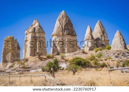 Unique geological formations in Love Valley in Cappadocia, popular travel destination in Turkey