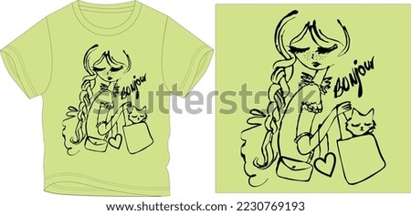 GIRL WITH CUTE CAT t shirt graphic design vector illustration \