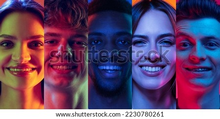Happiness. Closeup portraits of young emotional people, excited men and women expressing different emotions over multicolored background in neon light. Collage made of 5 models looking at camera.
