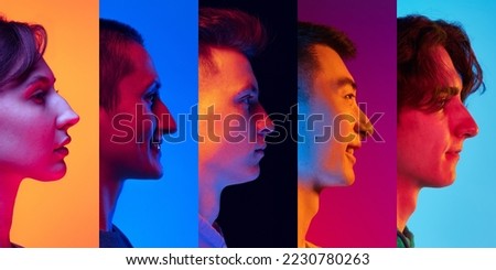 Youth. Profile view of young people, men and women expressing different emotions over multicolored background in neon light. Collage made of 5 models looking straight ahead