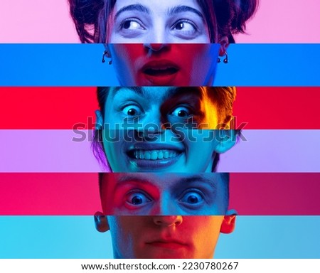 Wow, surprise and shock. Vertical composite image of male and female parts of faces isolated on colored neon background. Human emotions, psychology, mental health. Three faces and six models Royalty-Free Stock Photo #2230780267