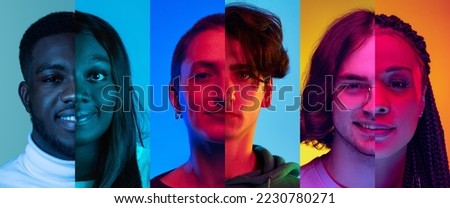 Diversity, friendship. Horisontal composite image of male and female parts of faces isolated on colored neon background. Emotions, psychology, mental health. Three faces and six models Royalty-Free Stock Photo #2230780271