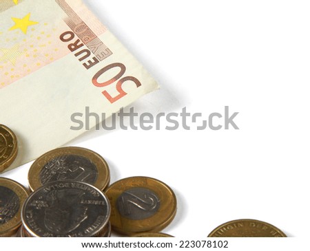 Money: euro coins and bills close up isolated on white background.