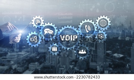 VoIP Voice over IP. Businessman pressing virtual screen Voice over Internet Protocol Royalty-Free Stock Photo #2230782433