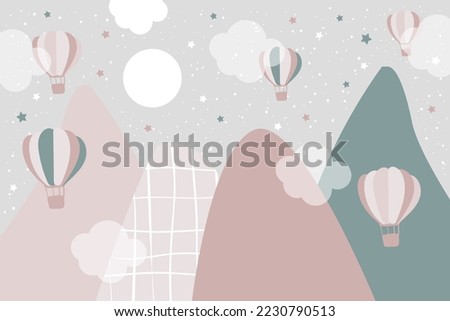 Vector hand drawn childish wallpaper with mountains, balloons and clouds. Modern 3D wallpaper for  children's room. Doodle style.