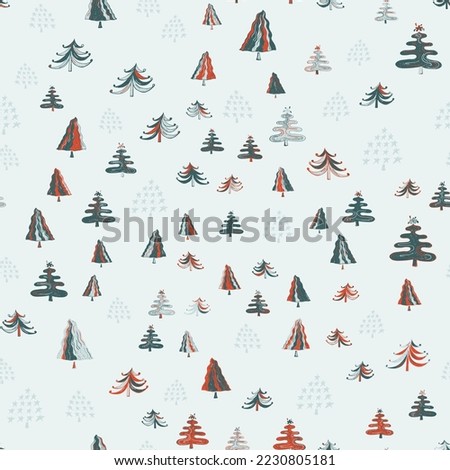 Seamless pattern with stylized hand drawn doodle Christmas trees. Vector christmas texture