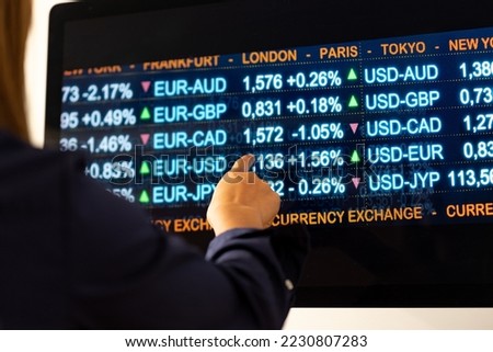Computer monitor with currency exchange rates. Woman points her finger at the monitor. Currencies like usd, EUR, GBP, JPY and CHF on the screen. Banking, busines, trading, exchange and investment. Royalty-Free Stock Photo #2230807283
