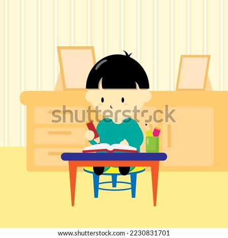 A boy is writing on the table. Suitable for children's book illustration