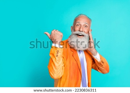 Photo of funky astonished person hand touch cheek indicate finger empty space isolated on aquamarine color background Royalty-Free Stock Photo #2230836311