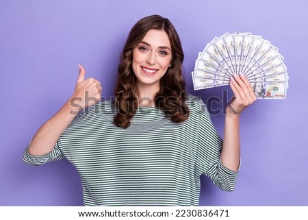 Photo of adorable rich glamour stylish businesswoman hand thumb up enjoy luxury life good salary isolated on purple color background