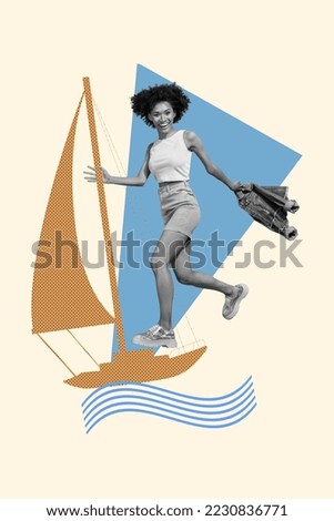 Vertical poster collage of boy on plane black and white effect isolated on drawing color background