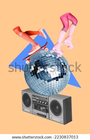 Vertical poster collage of legs on skate roll disco ball boombox isolated on drawing beige color background