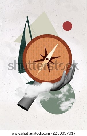 Creative 3d photo artwork graphics collage of hand holding old compass sail adventure time arrow point north star orientation clouds Royalty-Free Stock Photo #2230837017