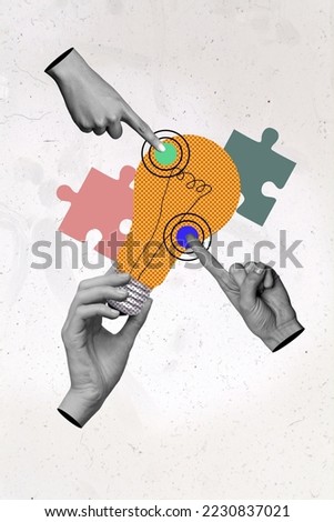 3d retro abstract creative artwork template collage of three big hands hold touch electric light bulb solve problem puzzle have idea invent