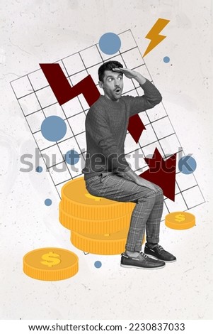 Creative 3d photo collage artwork poster postcard of shocked man sit look bank bankrupt lost salary isolated on drawing colorful background