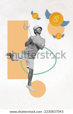 Composite collage image of enthusiastic man hold butterfly net catcher pursue flying golden coins dollar sign wings earn money win lottery